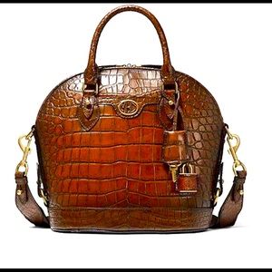 Michael Kors Collection Monogramme Crocodile Embossed Leather Bowling Satchel